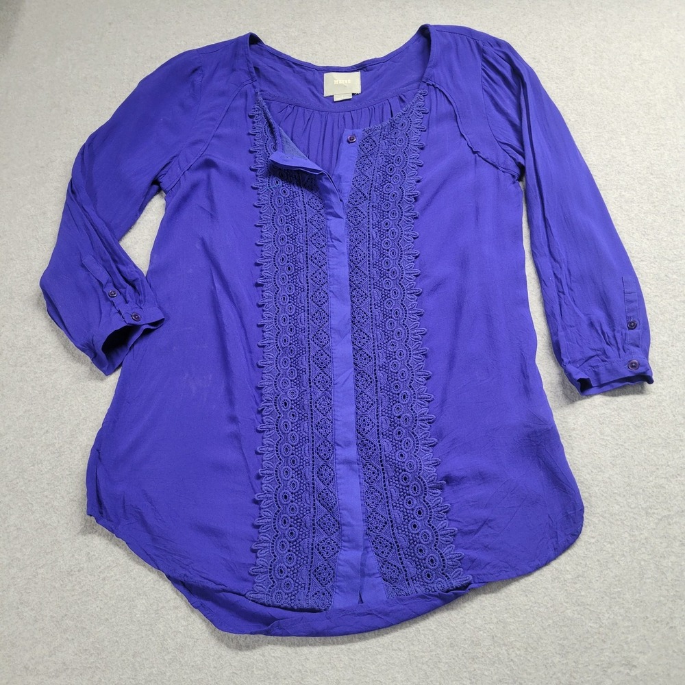 Maeve Anthropologie Purple Lace Panel Button Front Blouse Size 2 Rayon Top